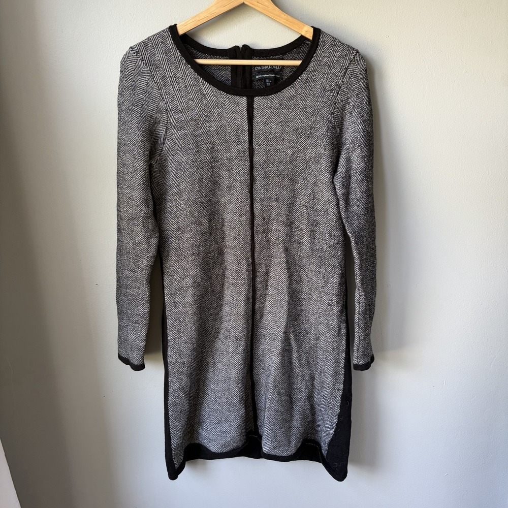 Cynthia Rowley Fine Merino Wool Sweater Dress Herringbone Long Sleeve Size Large